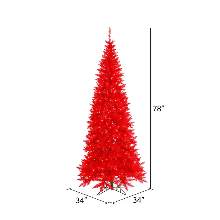 6'6"Hx34"W Slim Fir Artificial Christmas Tree, LED Pre-Lit (Red) -Red - K161266LED