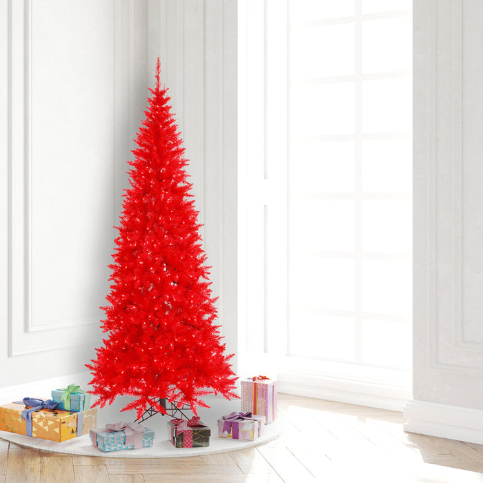 6'6"Hx34"W Slim Fir Artificial Christmas Tree, LED Pre-Lit (Red) -Red - K161266LED