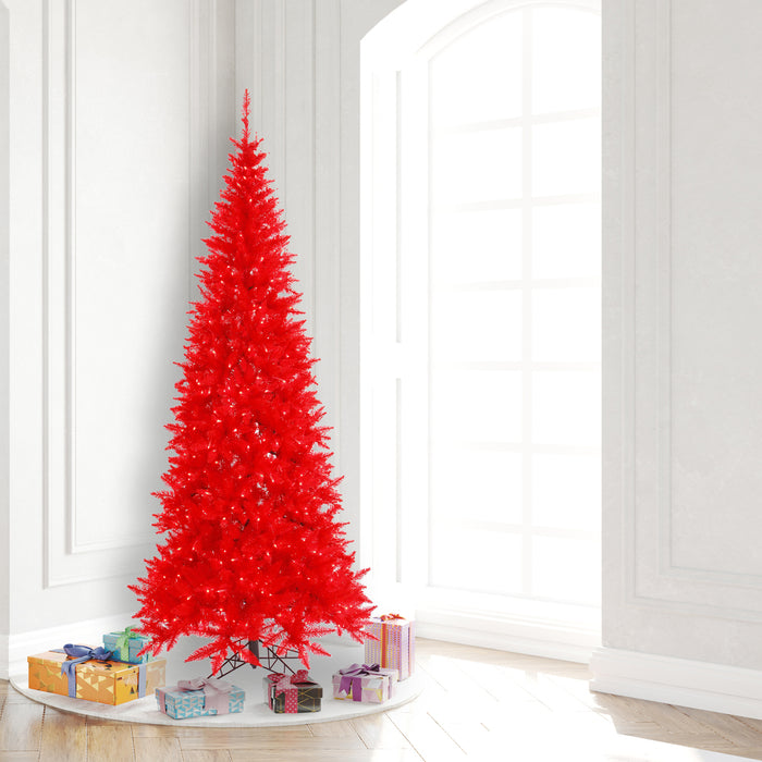 7'6"Hx40"W Slim Fir Artificial Christmas Tree, LED Pre-Lit (Red) -Red - K161276LED