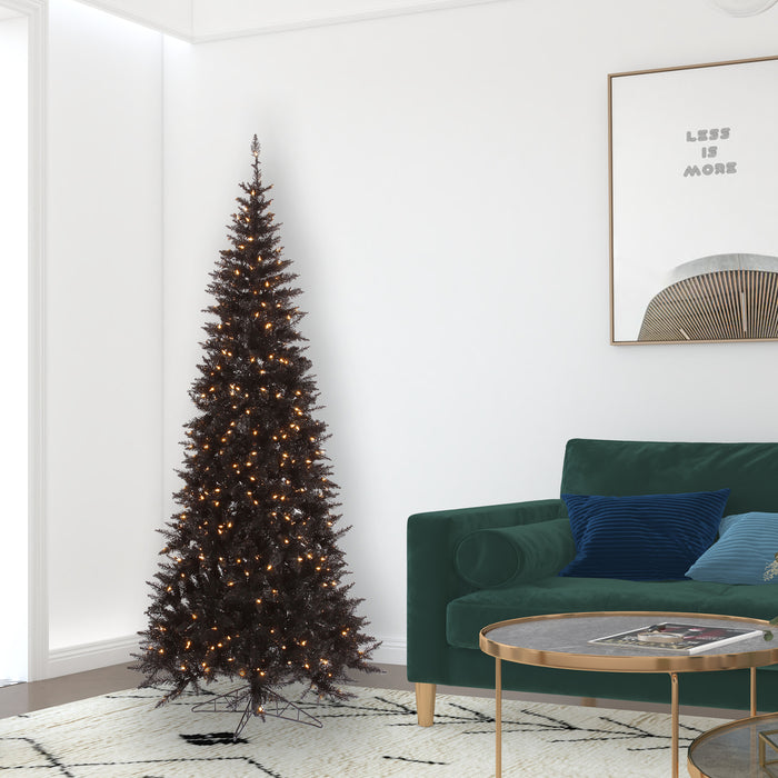 7'6"Hx40"W Slim Fir Artificial Christmas Tree, LED Pre-Lit -Black - K161676LED