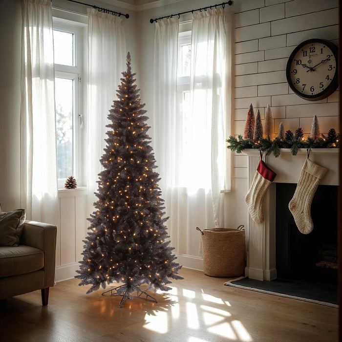 9'Hx46"W Slim Fir Artificial Christmas Tree, LED Pre-Lit -Black - K161681LED