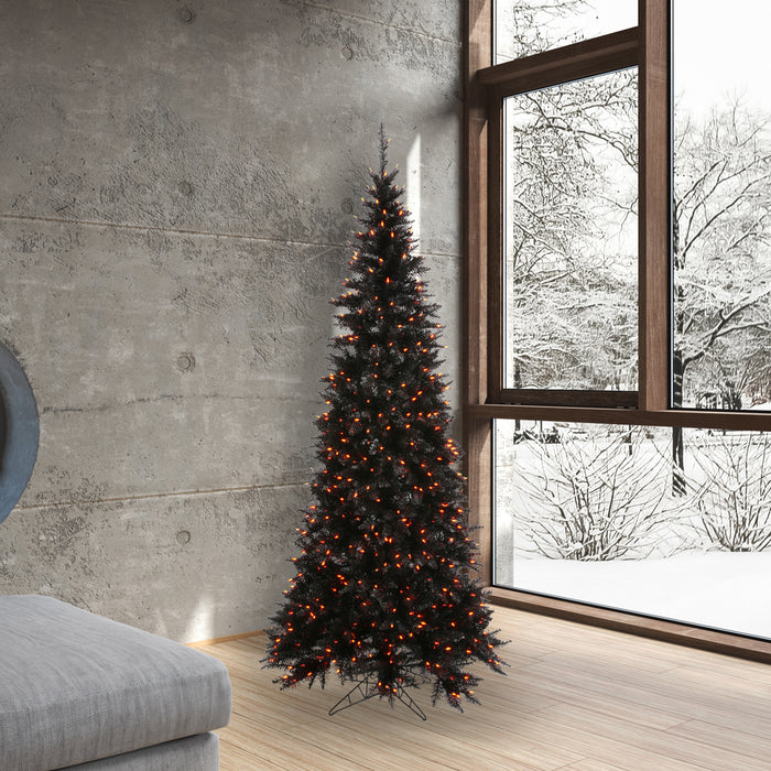 6'6"Hx34"W Slim Fir Artificial Christmas Tree, LED Pre-Lit (Orange) -Black - K161966LED