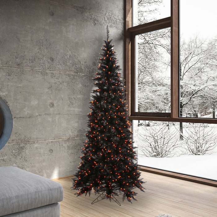 7'6"Hx40"W Slim Fir Artificial Christmas Tree, LED Pre-Lit (Orange) -Black - K161976LED