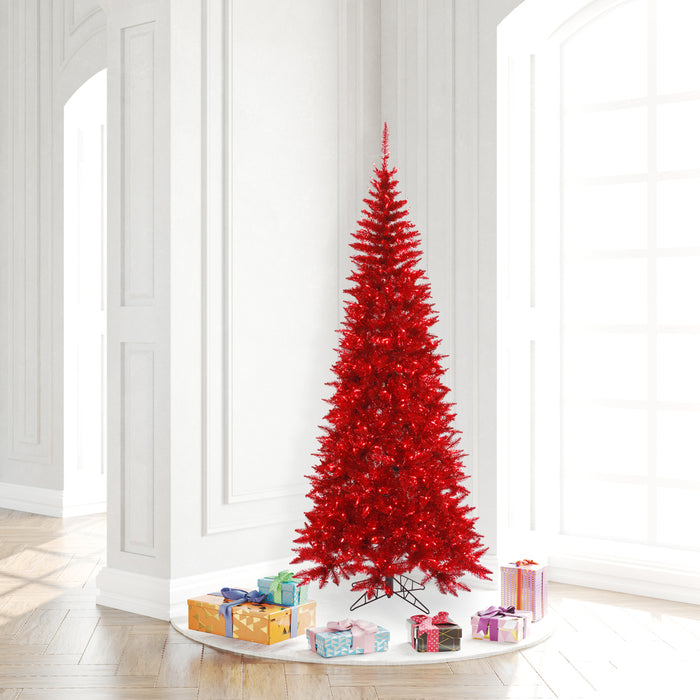6'6"Hx34"W Tinsel Slim Fir Artificial Christmas Tree, LED Pre-Lit (Red) -Red - K165066LED