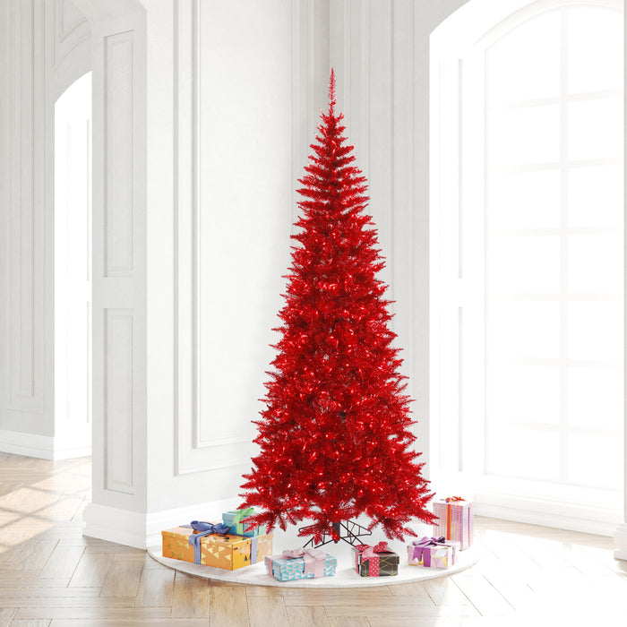 7'6"Hx40"W Tinsel Slim Fir Artificial Christmas Tree, LED Pre-Lit (Red) -Red - K165076LED