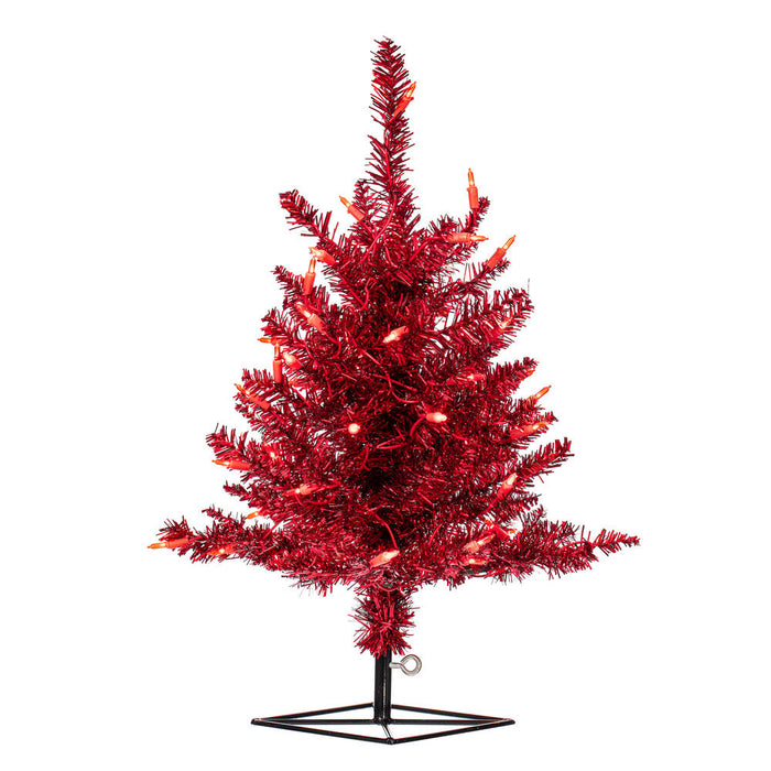 2'Hx20"W Tinsel Fir Artificial Christmas Tree, LED Pre-Lit (Red) -Red - K165121LED