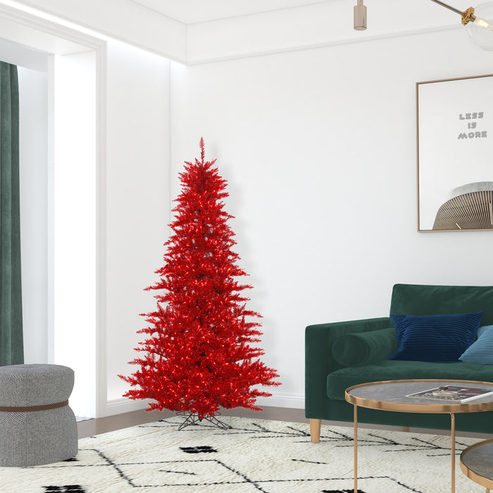 6'6"Hx46"W Tinsel Fir Artificial Christmas Tree, LED Pre-Lit (Red) -Red - K165166LED