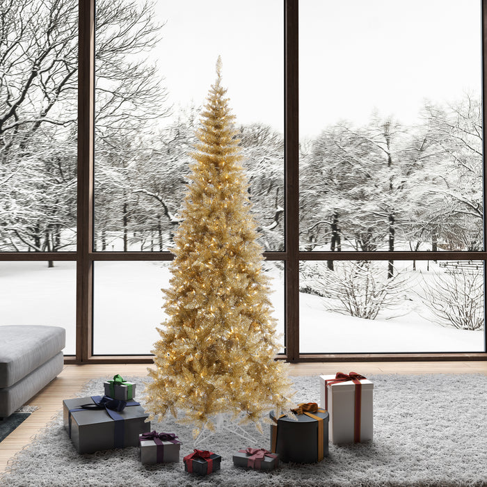7'6"Hx40"W Tinsel Slim Fir Artificial Christmas Tree, LED Pre-Lit -Champagne - K166276LED