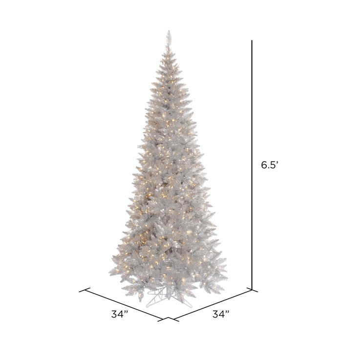 6'6"Hx34"W Tinsel Slim Fir Artificial Christmas Tree, LED Pre-Lit -Silver - K166766LED