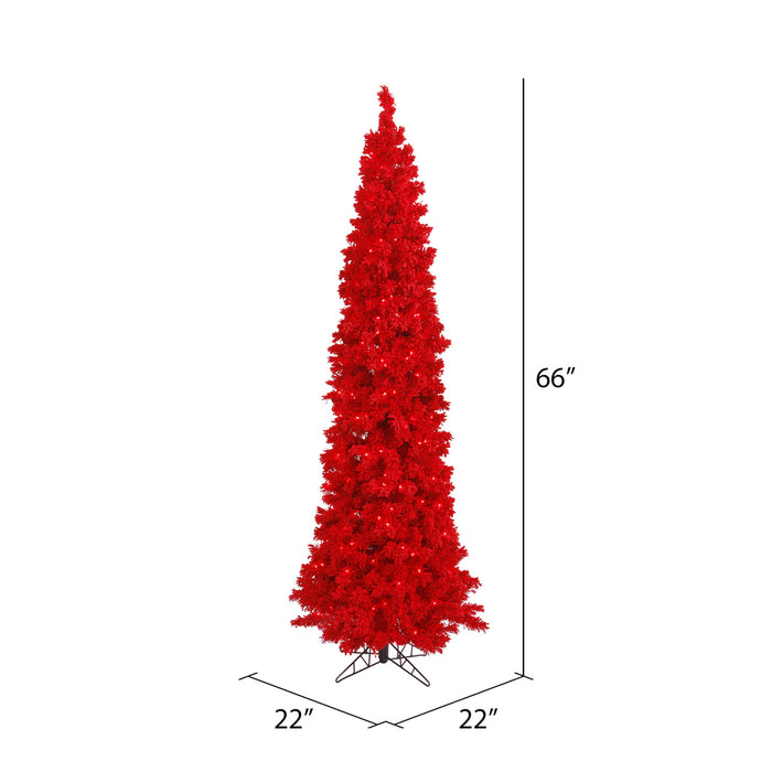 5'6"Hx22"W Flocked Pencil Fir Artificial Christmas Tree, LED Pre-Lit (Red) -Red - K168056LED