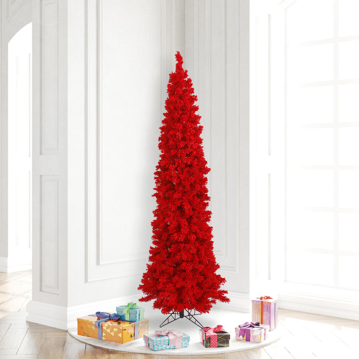 6'6"Hx27"W Flocked Pencil Fir Artificial Christmas Tree, Unlit -Red - K168065