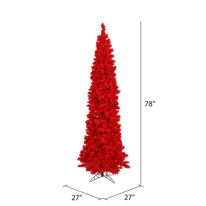 6'6"Hx27"W Flocked Pencil Fir Artificial Christmas Tree, LED Pre-Lit (Red) -Red - K168066LED