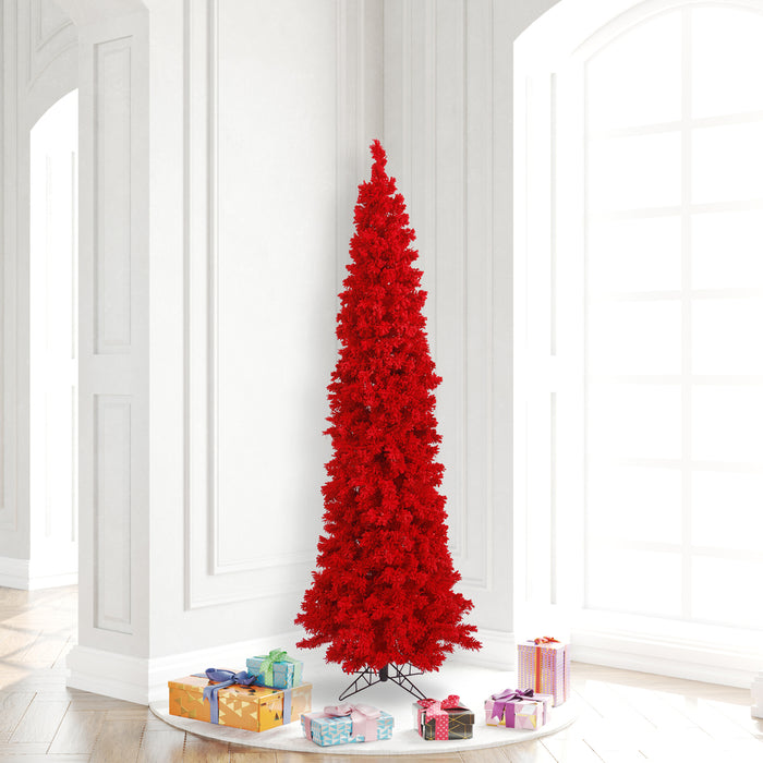6'6"Hx27"W Flocked Pencil Fir Artificial Christmas Tree, LED Pre-Lit (Red) -Red - K168066LED