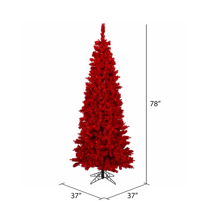 6'6"Hx37"W Flocked Slim Fir Artificial Christmas Tree, LED Pre-Lit (Red) -Red - K168068LED