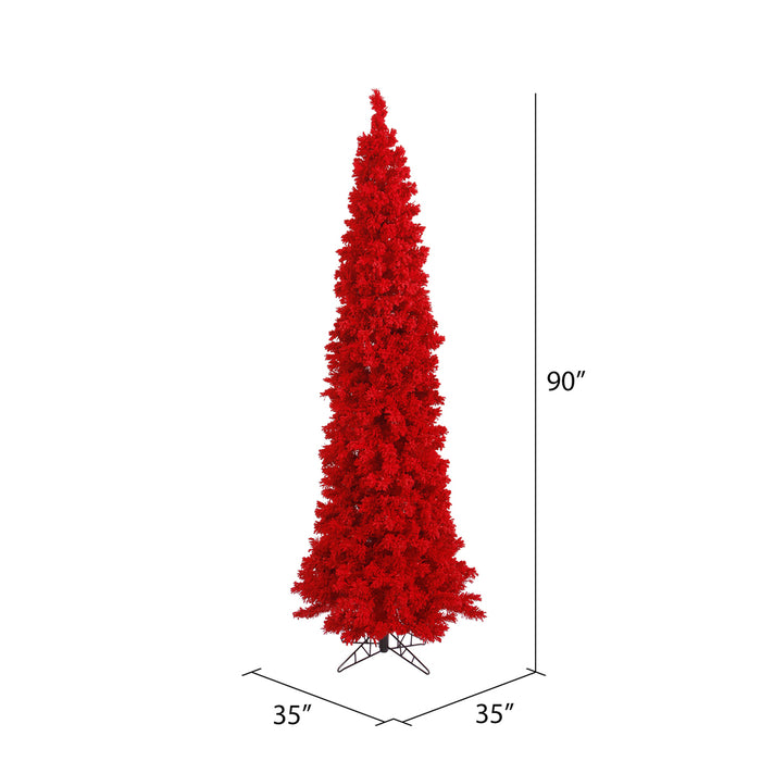7'6"Hx35"W Flocked Pencil Fir Artificial Christmas Tree, Unlit -Red - K168075