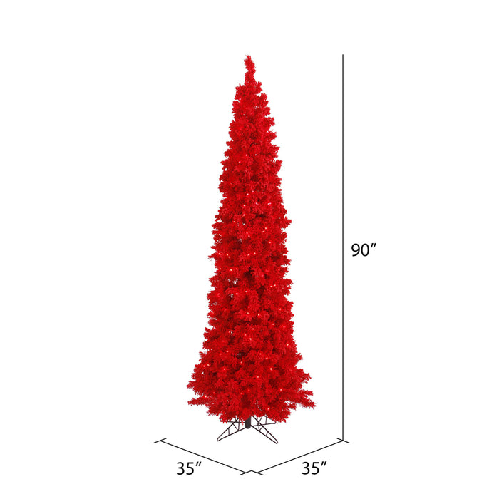 7'6"Hx35"W Flocked Pencil Fir Artificial Christmas Tree, LED Pre-Lit (Red) -Red - K168076LED