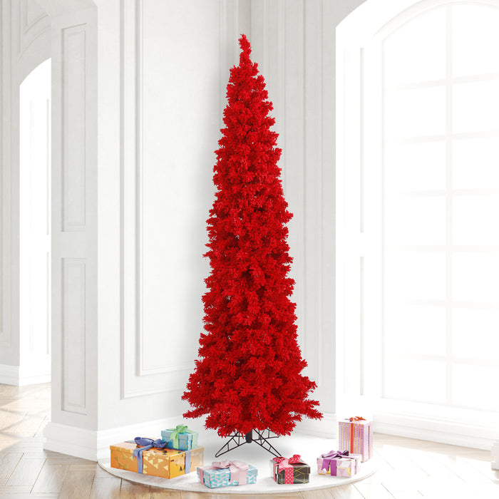 7'6"Hx35"W Flocked Pencil Fir Artificial Christmas Tree, LED Pre-Lit (Red) -Red - K168076LED