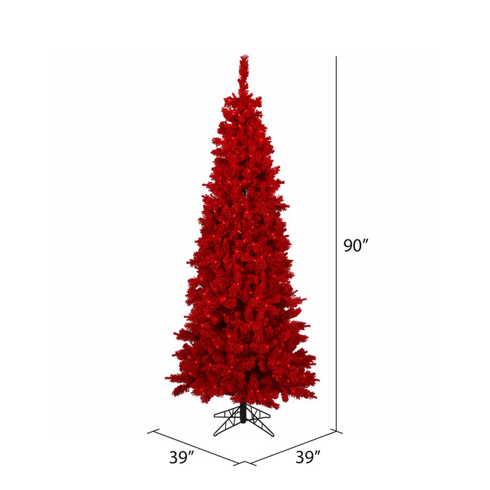 7'6"Hx39"W Flocked Slim Fir Artificial Christmas Tree, LED Pre-Lit (Red) -Red - K168078LED