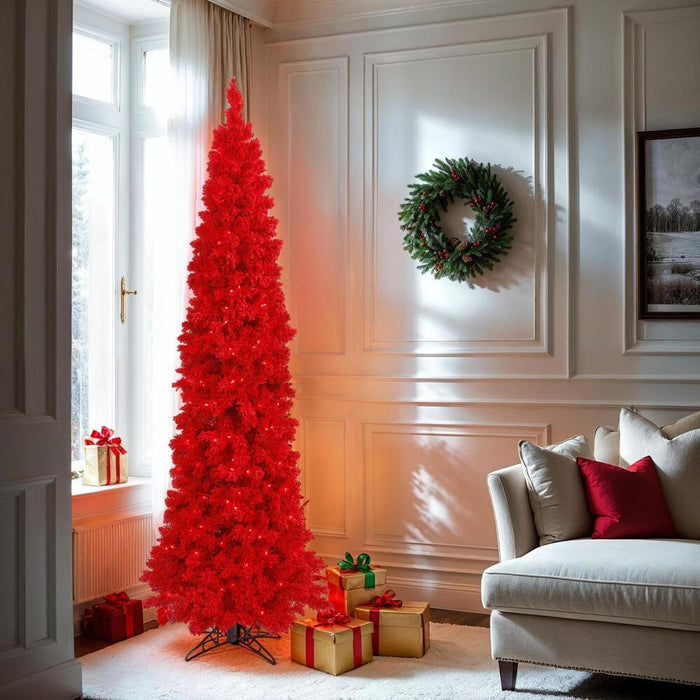9'Hx43"W Flocked Pencil Fir Artificial Christmas Tree, LED Pre-Lit (Red) -Red - K168081LED