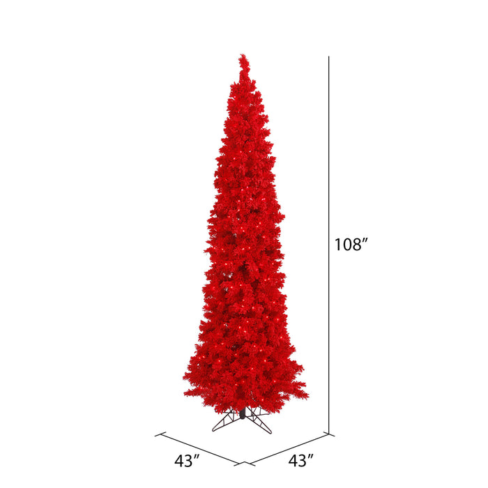 9'Hx43"W Flocked Pencil Fir Artificial Christmas Tree, LED Pre-Lit (Red) -Red - K168081LED