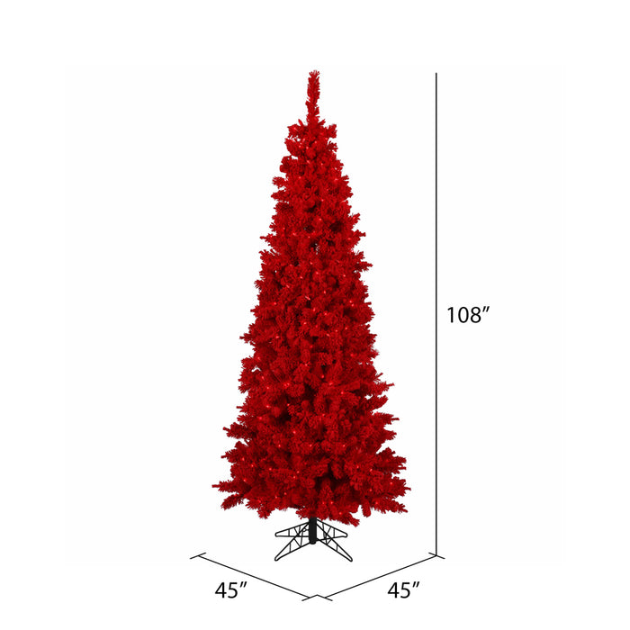 9'Hx48"W Flocked Slim Fir Artificial Christmas Tree, LED Pre-Lit (Red) -Red - K168083LED