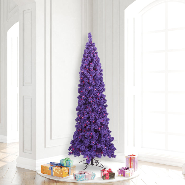 6'6"Hx27"W Flocked Pencil Fir Artificial Christmas Tree, LED Pre-Lit (Purple) -Purple - K168366LED