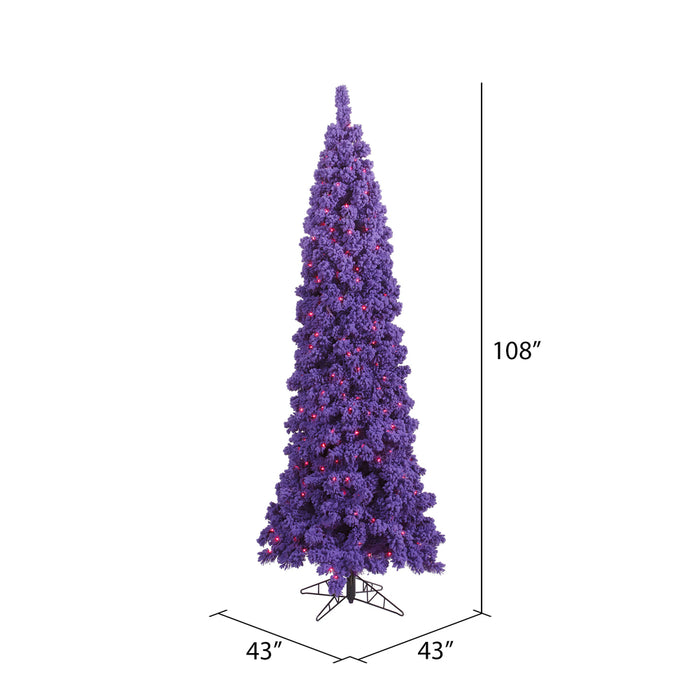 9'Hx43"W Flocked Pencil Fir Artificial Christmas Tree, LED Pre-Lit (Purple) -Purple - K168381LED