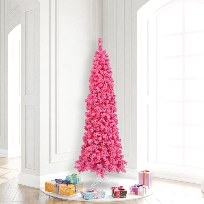 6'6"Hx27"W Flocked Pencil Fir Artificial Christmas Tree, LED Pre-Lit (Pink) -Pink - K168766LED
