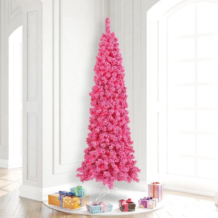 7'6"Hx35"W Flocked Pencil Fir Artificial Christmas Tree, LED Pre-Lit (Pink) -Pink - K168776LED