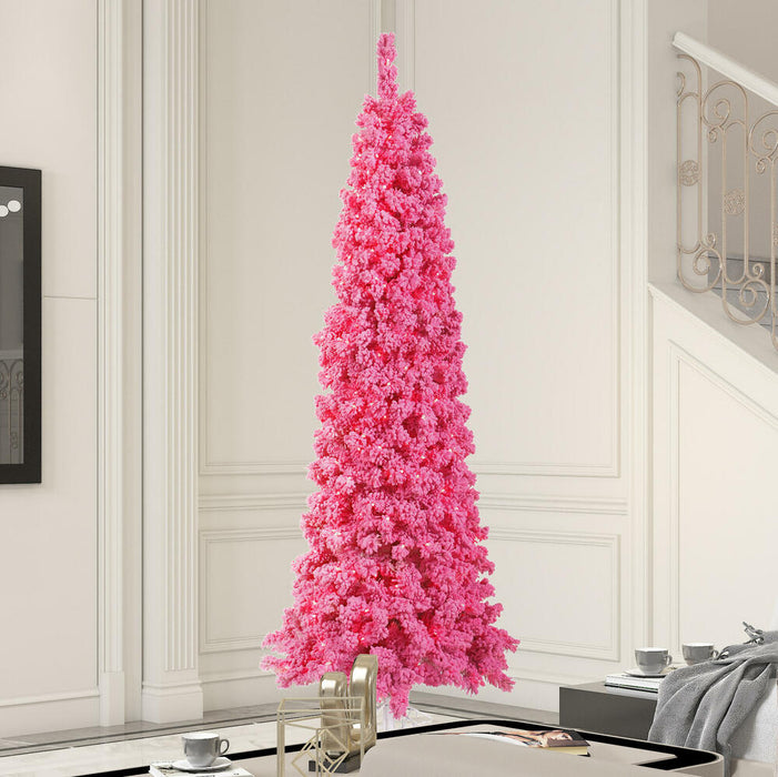9'Hx48"W Flocked Slim Fir Artificial Christmas Tree, Unlit -Pink - K168782