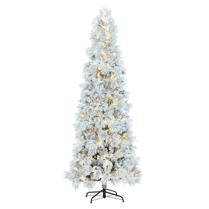 9'Hx44"W Flocked Pencil Atka Pine Artificial Christmas Tree, Micro LED Pre-Lit -White - K171081LED