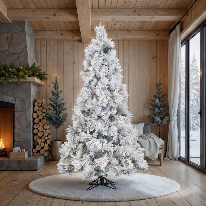 7'6"Hx49"W Flocked Slim Atka Pine Artificial Christmas Tree, Micro LED Pre-Lit -White - K171176LED