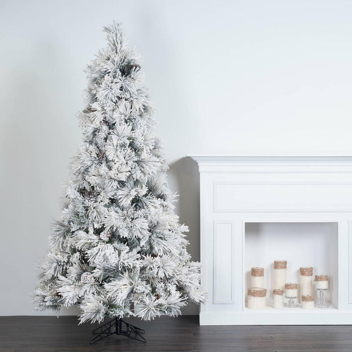 9'Hx59"W Flocked Slim Atka Pine Artificial Christmas Tree, Unlit -White - K171180