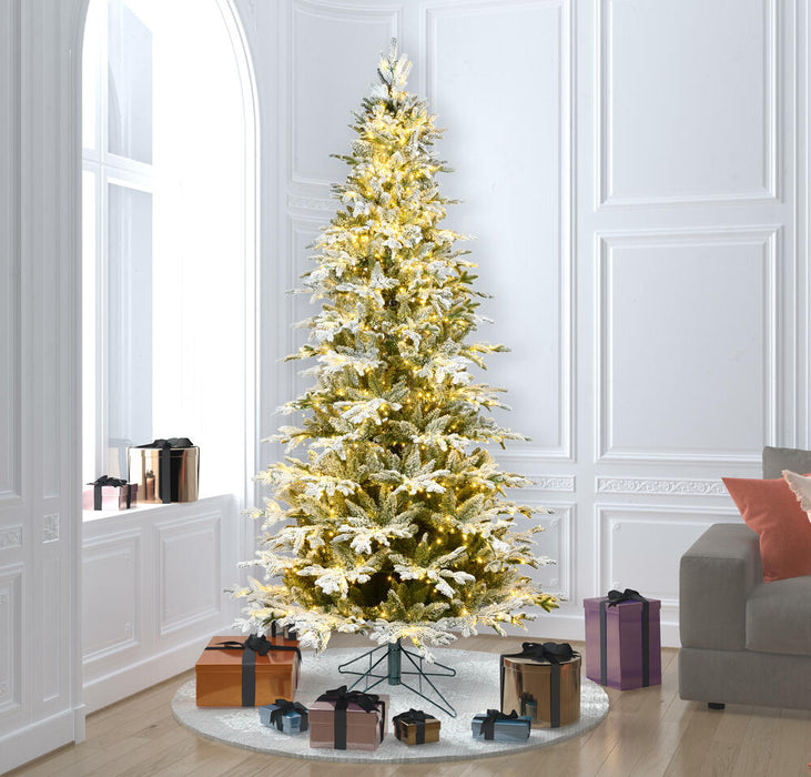 7'6"Hx48"W PE Slim Flocked Kamas Fraser Fir Artificial Christmas Tree, LED Pre-Lit -White/Green - K185076LED