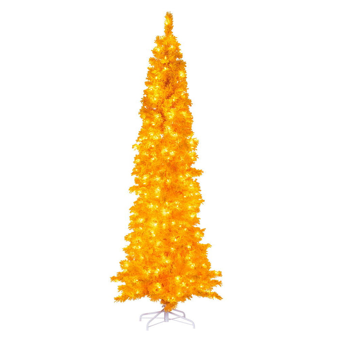 9'Hx43"W Flocked Pencil Fir Artificial Christmas Tree, LED Pre-Lit (Yellow) -Yellow - K237081LED