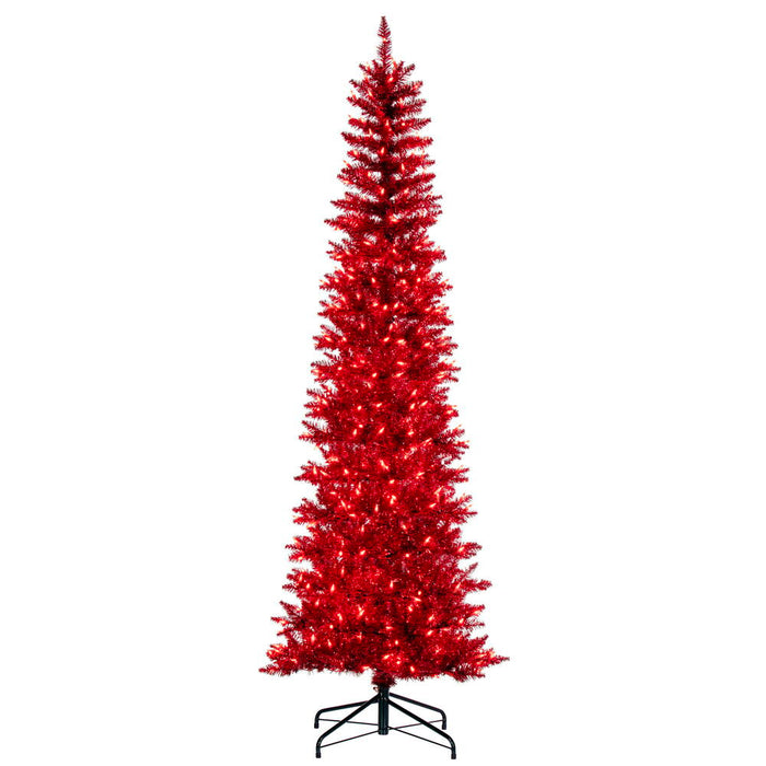 9'6"Hx42"W Tinsel Pencil Artificial Christmas Tree, LED Pre-Lit (Red) -Red - K244486LED
