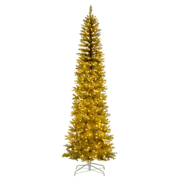 8'6"Hx38"W Tinsel Pencil Artificial Christmas Tree, LED Pre-Lit -Champagne - K246181LED