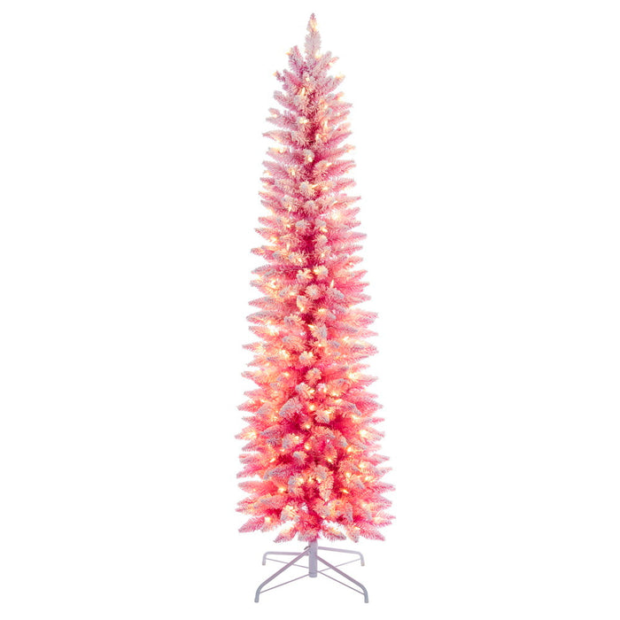 6'6"Hx26"W Flocked Fir Artificial Christmas Tree, LED Pre-Lit -Pink/White - K255066LED