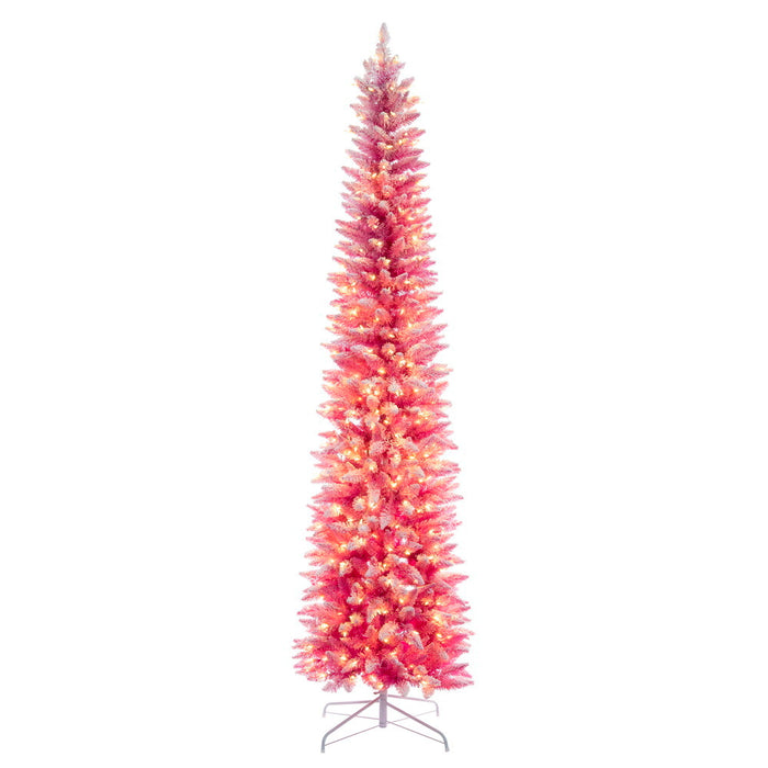 9'Hx32"W Flocked Fir Artificial Christmas Tree, LED Pre-Lit -Pink/White - K255081LED