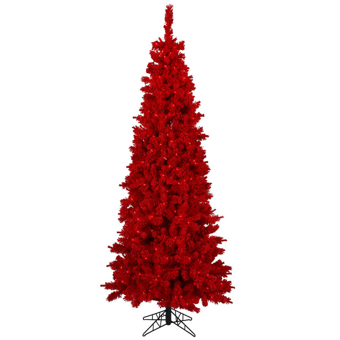 10'Hx49"W Flocked Pencil Fir Artificial Christmas Tree, LED Pre-Lit (Red) -Red - K168088LED