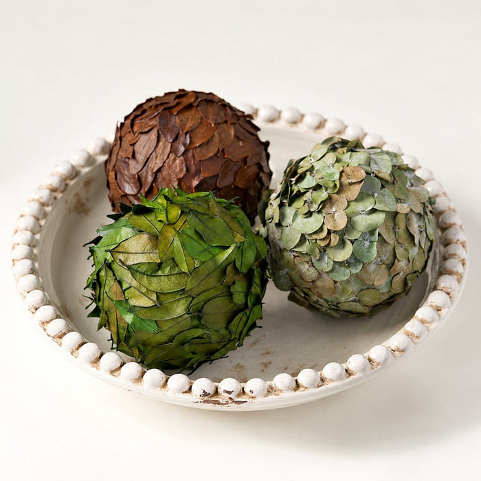 6" Set Of Preserved Topiary Leaf Balls -Green/Brown - KFL195-GR/BR