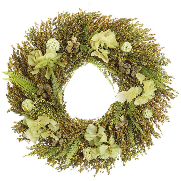 12" Preserved Hydrangea Flower, Allium & Fern Leaf Wreath -2 Tone Green - KWH139-GR/TT