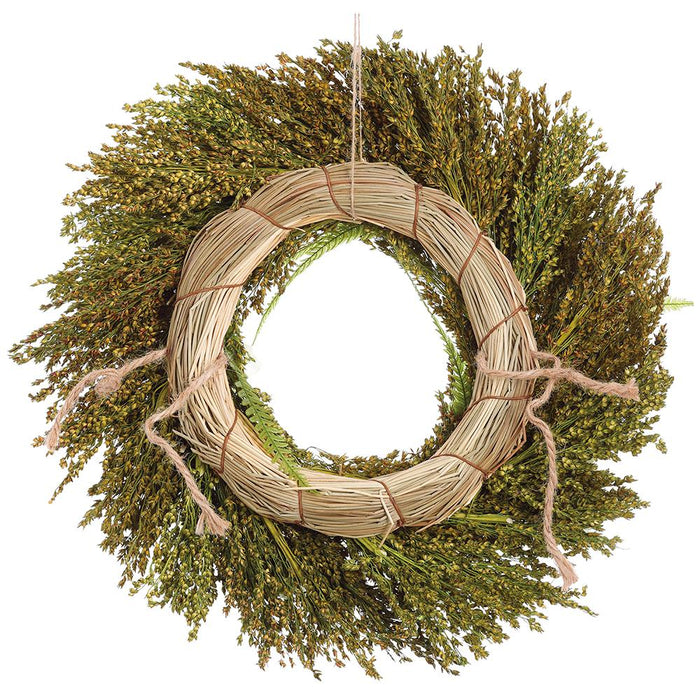 12" Preserved Hydrangea Flower, Allium & Fern Leaf Wreath -2 Tone Green - KWH139-GR/TT