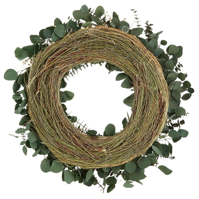 22" Preserved Silver Dollar, Eucalyptus Leaf & Flax Pod Hanging Wreath -Green/Cream - KWS224-GR/CR