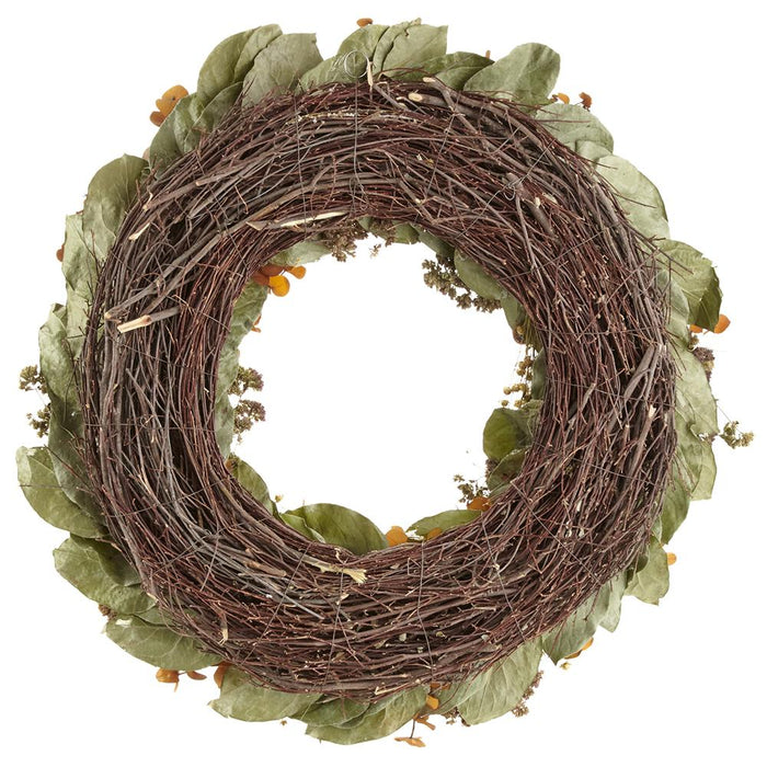 22" Preserved Salal, Eucalyptus Leaf & Orange Spice Hanging Wreath -Green/Brown - KWS227-GR/BR