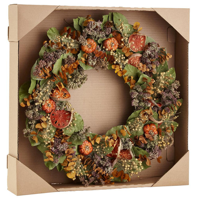 22" Preserved Salal, Eucalyptus Leaf & Orange Spice Hanging Wreath -Green/Brown - KWS227-GR/BR