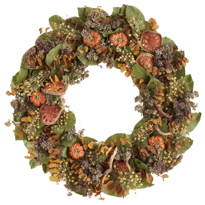 22" Preserved Salal, Eucalyptus Leaf & Orange Spice Hanging Wreath -Green/Brown - KWS227-GR/BR