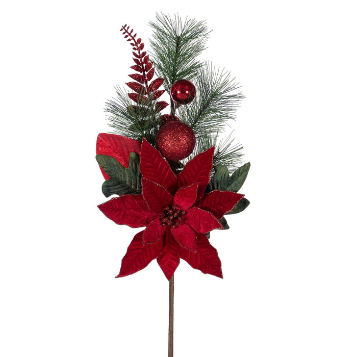 22" Silk Poinsettia Flower, Ball, Pine & Fern Leaf Stem -Red (Pack of 4) - L225404