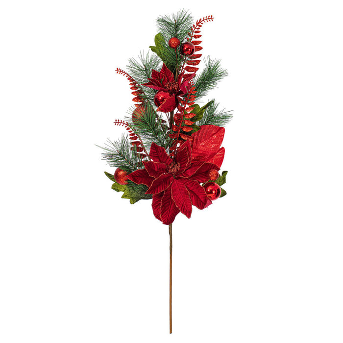 28" Silk Poinsettia Flower, Ball, Pine & Fern Leaf Stem -Red (Pack of 2) - L225406