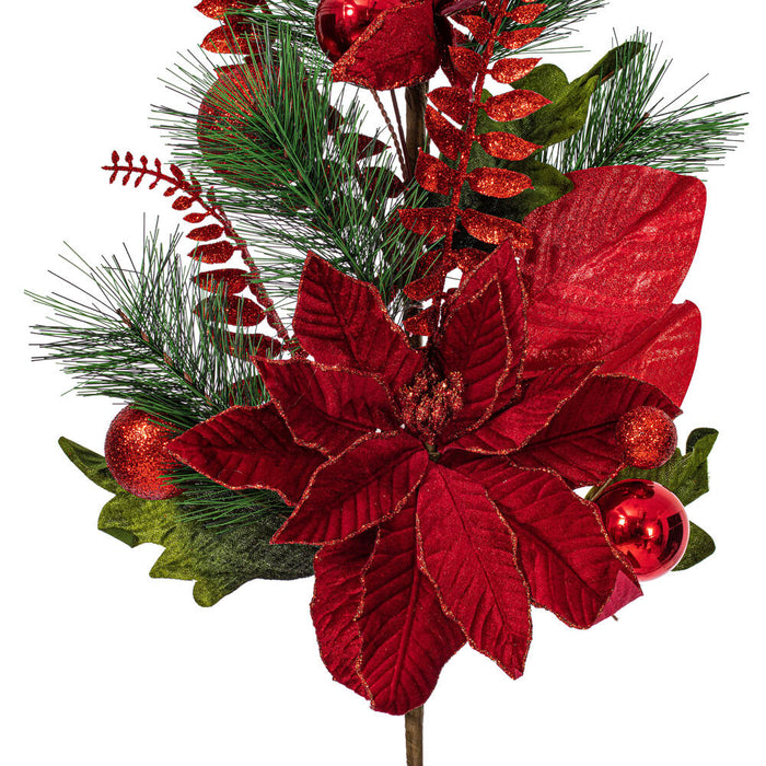 28" Silk Poinsettia Flower, Ball, Pine & Fern Leaf Stem -Red (Pack of 2) - L225406